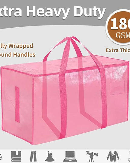 6 Pack-Extra Large Heavy Duty Moving Bags - Waterproof Storage Totes with Handles & Zippers, Foldable for College Dorm, Storage (Pink)