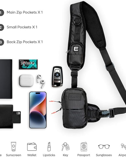 Small Sling Bag for Men-Cross body bag with Shoulder Straps,Mini Sling Crossbody bag for Women-Travel Backpack for Hiking,Daypack Multipurpose Over the Shoulder Chest Bags with Keyholder(Black)