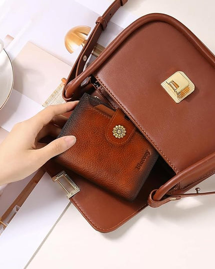 Blucoay Wallet Women,RFID Blocking Leather Womens Wallet Bifold Compact Card Holder Small Wallet for Women with Removable ID Window Brown