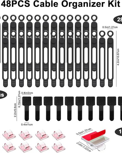 48Pcs Cord Organizer Kit, Reusable Elastic Silicone Cable Ties, Strong Adhesive Cable Clips for Cable Management, Multipurpose Wire Management for Bundling and Fastening Various Wires (Black）