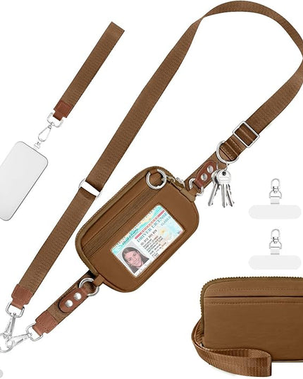 Clip and Go Strap for Phone with Wallet Crossbody Phone Lanyard Adjustable and Detachable RFID Wristlet Wallet with ID Window and Zipper, Brown
