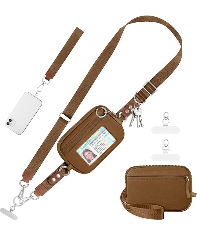 Clip and Go Strap for Phone with Wallet Crossbody Phone Lanyard Adjustable and Detachable RFID Wristlet Wallet with ID Window and Zipper, Brown