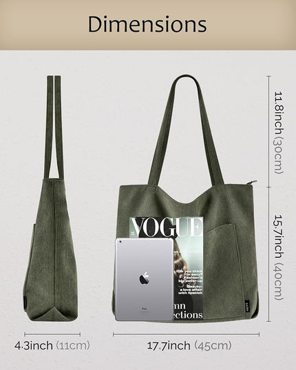 Prite Corduroy Tote Bag for Women Large Shoulder Bag with Zipper and Pockets for College Work Travel Shopping