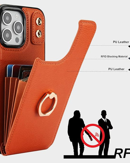 Folosu Compatible with iPhone 16 Pro Max Case Wallet with Card Holder, 360°Rotation Finger Ring Holder Kickstand, RFID Blocking Leather Protective Double Buttons Shockproof Cover 6.9 Inch Brown
