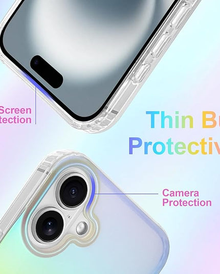 Cute Case for iPhone 16 Case for Women Girls [Compatible with Magsafe] Aesthetic Girly Glitter Bling Rainbow Magnetic Protective Phone Cover, Translucent Iridescent Blue & Pink