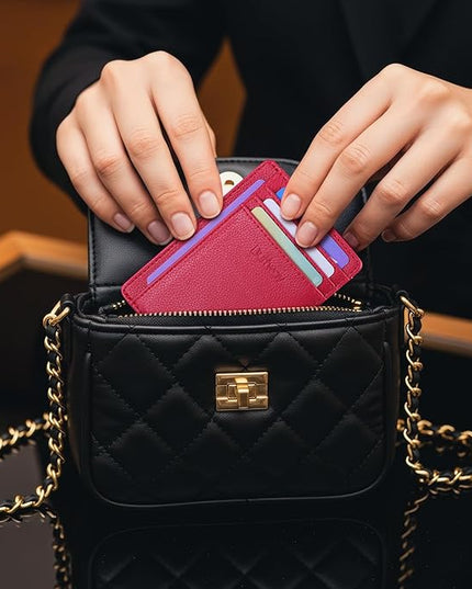 Buffway Slim Minimalist Front Pocket RFID Blocking Leather Wallets for Men and Women - Lichee Red
