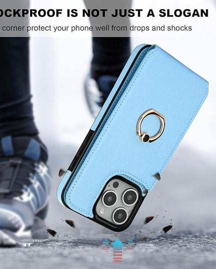 Folosu Compatible with iPhone 16 Pro Max Case Wallet with Card Holder, 360°Rotation Finger Ring Holder Kickstand, RFID Blocking Leather Protective Double Buttons Shockproof Cover 6.9 Inch Blue