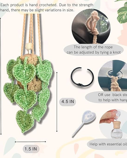 Handmade Crochet Hanging Car Air Freshener- Lifelike Green Pothos for Hanging with 12ml Thick Refillable Glass Diffuser Bottle, Suitable Decor for Car Rearview Mirror, Home & Wellness Spaces