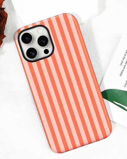 Magnetic for iPhone 16 Pro Case Cute Stripes Phone Case, Shockproof Slim TPU and Hard PC Protective Phone Cover Compatible with MagSafe Designed for Women Girls, Deep Orange