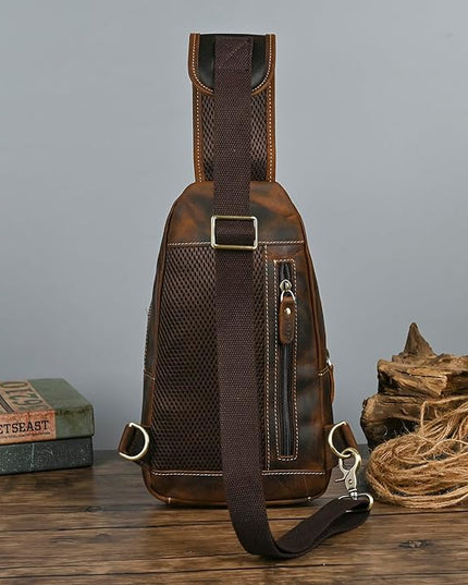 Genuine Leather Hiking Travel DayPack Sling Crossbody Triangle Chest Pack Bag For Men Women 8241