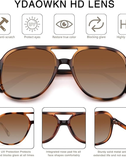 YDAOWKN Retro Square Aviator Sunglasses for Womens Mens Vintage 70s Double Bridge Sun Glasses