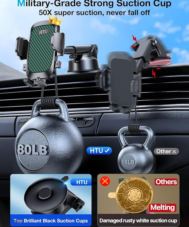 HTU 𝟐𝟎𝟐𝟔 𝐔𝐩𝐠𝐫𝐚𝐝𝐞𝐝【True Military-Grade】 Car Phone Holder【Safety Certs & No Smell】 Cell Phone Holder for Car Mount for Dashboard Windshield Air Vent Long Arm Thick Case,Green