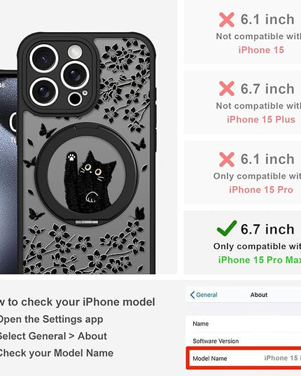 Cute Case for iPhone 15 Pro Max Case with Stand [ Compatible with MagSafe ] Kawaii Black Cat & Floral & Butterflies Pattern Design 360 Magnetic Ring Kickstand Phone Cover for Women Girls Boys