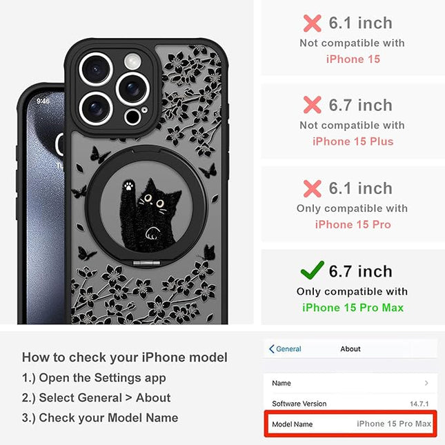 Cute Case for iPhone 15 Pro Max Case with Stand [ Compatible with MagSafe ] Kawaii Black Cat & Floral & Butterflies Pattern Design 360 Magnetic Ring Kickstand Phone Cover for Women Girls Boys