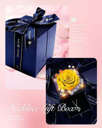 Birthday Gifts for Women, Preserved Real Roses with Heart Necklace I Love You in 100 Languages, Romantic Anniversary Wedding Gifts for Women Her Girlfriend Wife, Forever Roses Necklace Gift Box Yellow