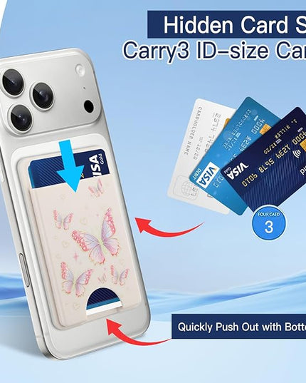 Stronger Magnetic Card Slot Wallet for iPhone 17/16/15/14/13/12 Series (Not for 13/12 Mini), Butterfly Pattern Hard Card Holder Fit 3 Cards Compatible with Magsafe Accessories, White