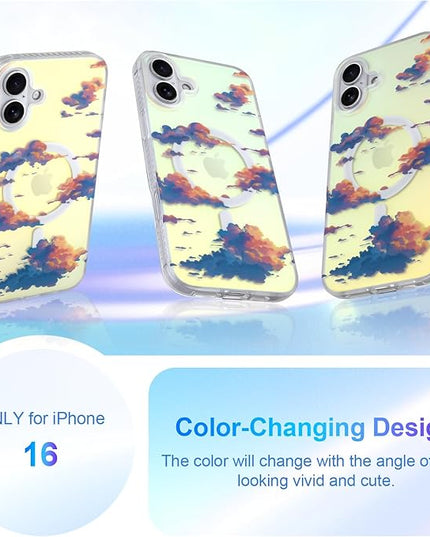 Cute Case for iPhone 16 Case for Women Girls [ Compatible with Magsafe ] Aesthetic Cloud Pattern Design, Girly Glitter Sparkly Bling Protective Phone Cover, Iridescent Sun Set Sky