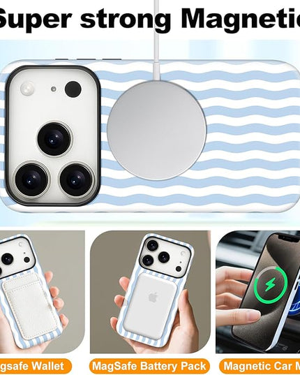 Magnetic for iPhone 17 Pro Max Case Cute Wavy Stripes Phone Case, Shockproof Slim TPU and Hard PC Protective Phone Cover Compatible with MagSafe Designed for Women Girls, Blue