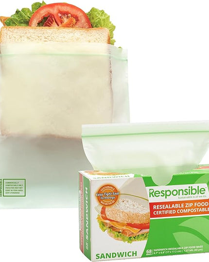 Responsible Products Certified Compostable SANDWICH Resealable Zip Bag, Extra Strength Food Bags, Plant-Based Freezer-Safe (68 Pack)