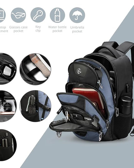 Swissdigital Design Laptop Backpack, Travel Backpack with USB Charging Port Fits 15.6 inches Computer, 31L College School Bookbag for Men,Haze Blue/Black | SD803-16