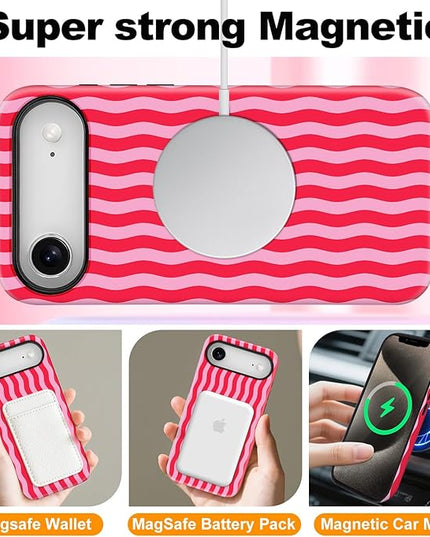 Magnetic for iPhone 17 Air Case Cute Wavy Stripes Phone Case, Shockproof Slim TPU and Hard PC Protective Phone Cover Compatible with MagSafe Designed for Women Girls, Red
