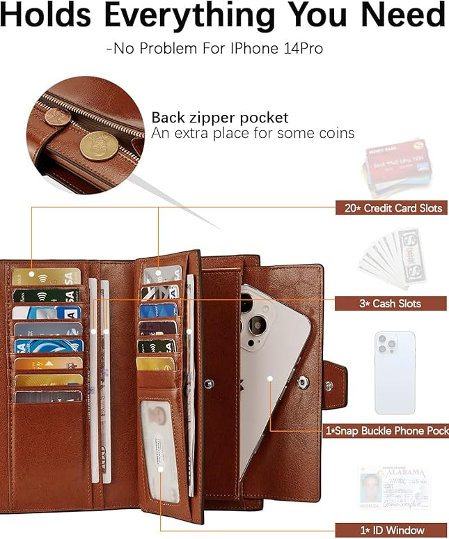 BOSTANTEN Womens Leather Wallets RFID Blocking Large Capacity Credit Card Holder Phone Clutch Brown