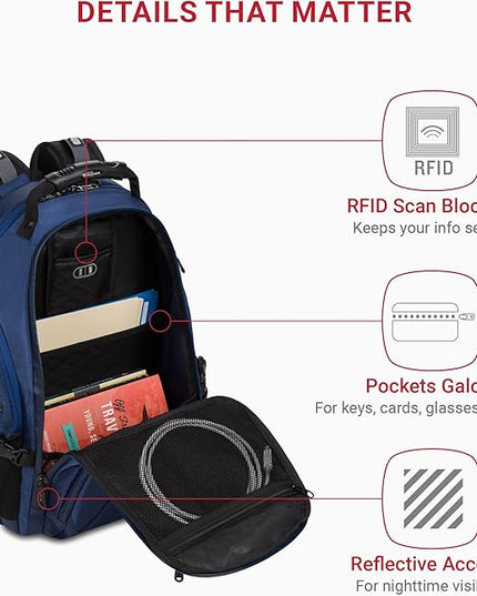 SwissGear 1900 ScanSmart 17” Laptop Backpack Navy Ballistic – Reflective Tech Backpack with ScanSmart Compartment – Multiple Organizer Pockets & RFID Scan Blocking Technology
