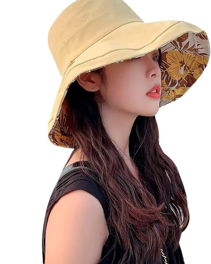 HUAMULAN Women Summer Sun Hat Wide Brim Wired Edge Floral Beach Bucket Hats Reversible Foldable Travel UV Protection Lady Hat