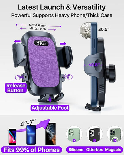 YRU [True Upgrade for Safety] Car Phone Holder Mount [Patent & Military-Grade] Dashboard Cell Phone Holder for Car Vent Windshield Phone Stand for iPhone 17 16 15 14 13 Pro Max Truck Samsung, Purple