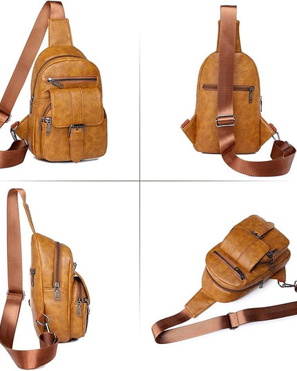 Peicees Leather Sling Bag For Women Waterproof Crossbody Bag Chest Bag Fashionable Small Backpack Purse For Travel Hiking