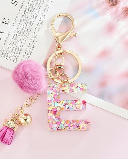Resin Alphabet Initial Letter Keychain Keyring for Women Purse Handbags With Fur Ball Pom