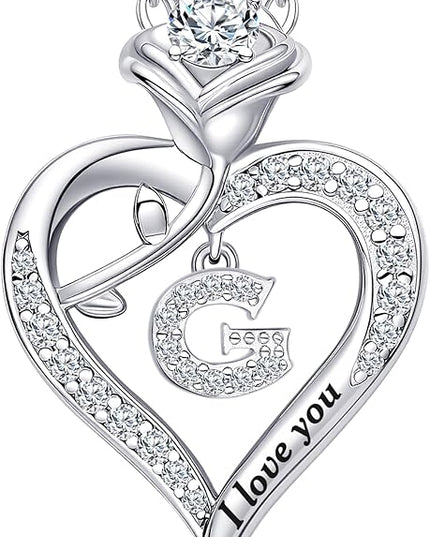 Rose Heart Pendant Necklace Gifts for Wife, Engraved 'I love you' Gift for Wife Girlfriend, Anniversary Birthday Eternity Jewelry Present for Women, Moissanite Necklace Gift for Her