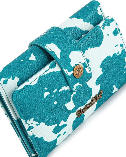 Montana West Small Wallet Trifold Blue Cow Print Wallet for Women Western Travel Wallets Womens Ladies Female Credit Card Cash Wallets with ID Window and RFID Lining