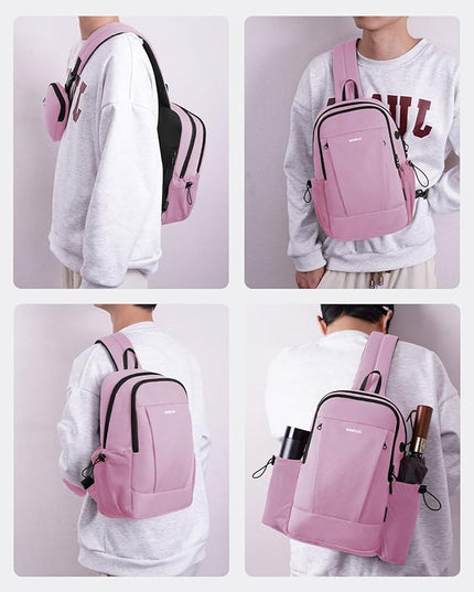 ECOHUB Anti-Theft Crossbody Bag Men Women, RFID Blocking Lightweight Sling Backpack Eco-Friendly with 9 Pockets Sturdy SBS Zippers Water Resistant for Travel Work Hiking Outdoor, Pink