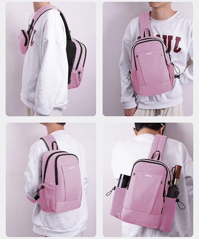 ECOHUB Anti-Theft Crossbody Bag Men Women, RFID Blocking Lightweight Sling Backpack Eco-Friendly with 9 Pockets Sturdy SBS Zippers Water Resistant for Travel Work Hiking Outdoor, Pink