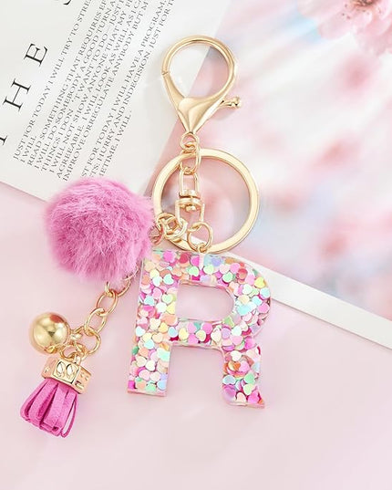 Resin Alphabet Initial Letter Keychain Keyring for Women Purse Handbags With Fur Ball Pom