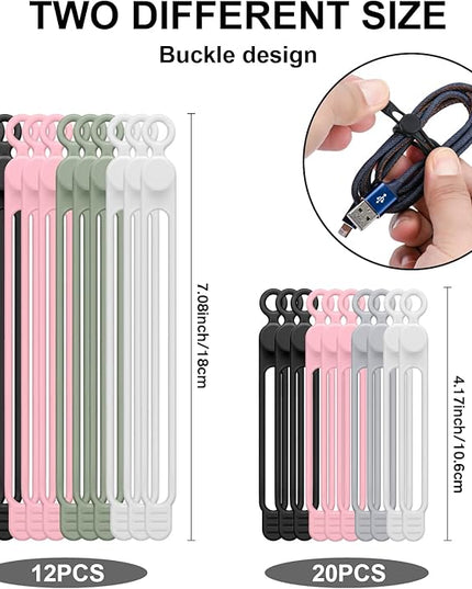 32Pcs Silicone Cable Ties, Data Cable Organizer Silicone Cable Straps Cord Ties Wrap Reusable Wire Organizers Elastic Cables Cord Management Organizers for Electronics, Home, Office, School, Travel