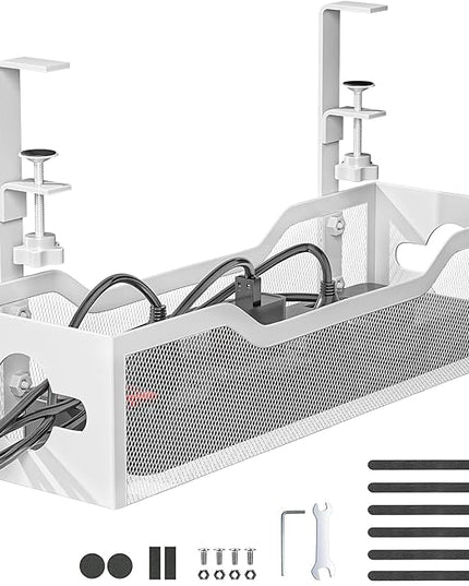 Under Desk Cable Management Tray White, Litwaro Cable Management Under Desk No Drill, Cable Organizer with Clamp for Wire Management, Cord Organizer for Office, Home No Damage to Desk