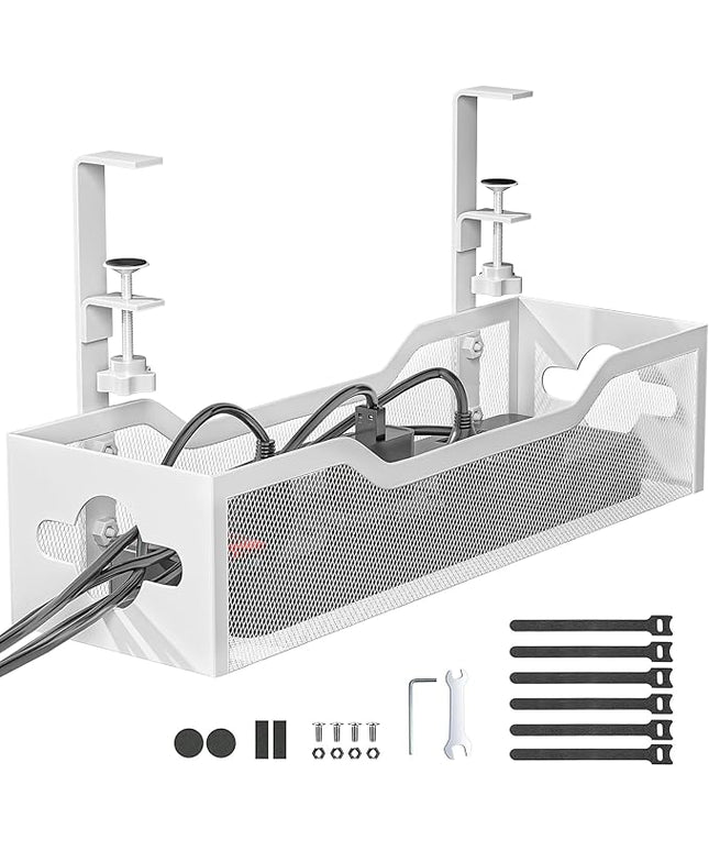 Under Desk Cable Management Tray White, Litwaro Cable Management Under Desk No Drill, Cable Organizer with Clamp for Wire Management, Cord Organizer for Office, Home No Damage to Desk