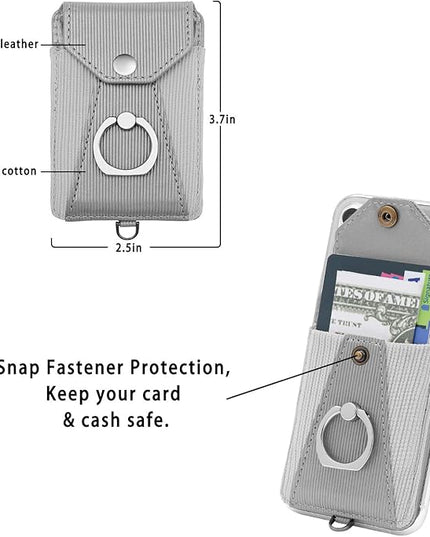 Cell Phone Case, Grey - Slim Wallet with Card Slot, 360 Degree Rotation Ring Stand & Neck Strap, Adhesive Stick-on Credit Card Holder