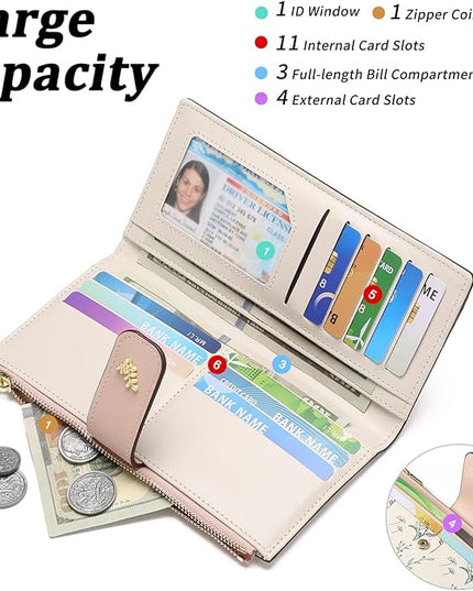 GAEKEAO Womens Wallet Slim Thin RFID Blocking Floral Vegan Leather Card Holder Bifold Long Ladies Wallet with Zipper Pocket