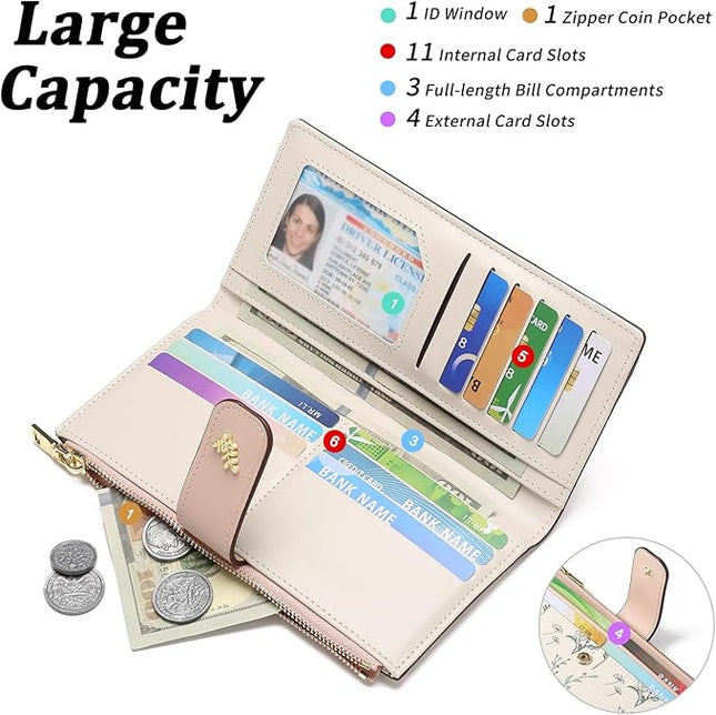 GAEKEAO Womens Wallet Slim Thin RFID Blocking Floral Vegan Leather Card Holder Bifold Long Ladies Wallet with Zipper Pocket