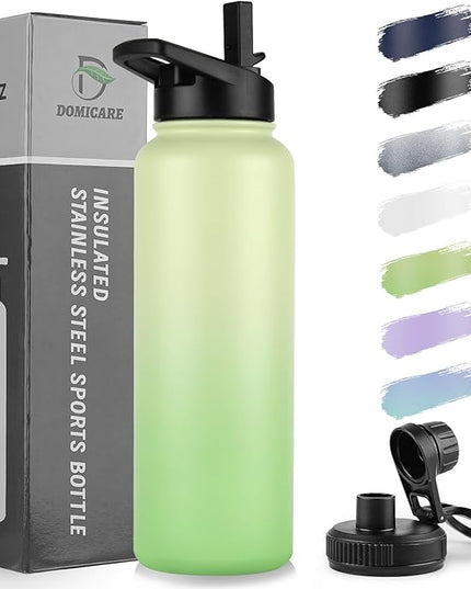 DOMICARE 40 oz Insulated Water Bottle, Vacuum Insulated Stainless Steel Sports Water Bottle with Straw Lid & Spout Lid, Leakproof, Reusable - Travel, Camping, Bike, Green Gradient