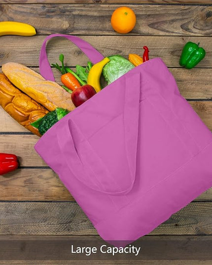 TOPDesign 6-Pack Canvas Tote Bags with an External Pocket, Reusable Grocery Shopping Bags, Top Zipper Closure, Daily Essentials (Light Purple)
