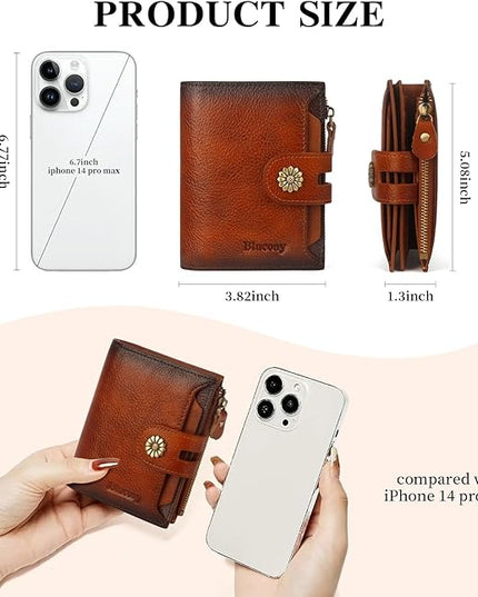 Blucoay Wallet Women,RFID Blocking Leather Womens Wallet Bifold Compact Card Holder Small Wallet for Women with Removable ID Window Brown