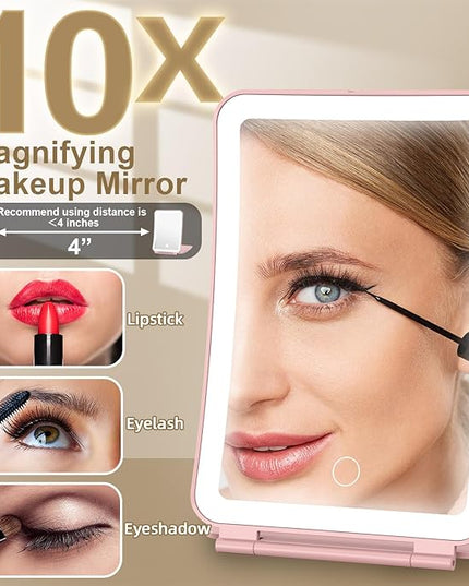 Mocado Travel Makeup Mirror with Light, 1x/10x Magnifying Mirror with Light, 3 Colors Lighted Magnifying Mirror, 2000mAh Rechargeable Lighted Makeup Mirror, Dimmable Touch, Memory Function (Pink)