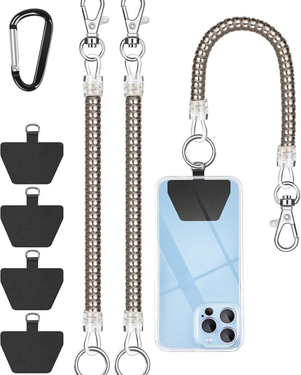 Phone Tether Lanyard, SHANSHUI Strong Spring Rope Climbing Hook, 4x Phone Tether Tabs Free Your Hand Anti Theft Phone Strap for All Smartphones for Outdoor Cycling Climbing Skiing Hiking - 2PCS Sliver