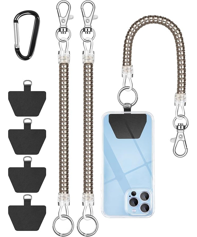 Phone Tether Lanyard, SHANSHUI Strong Spring Rope Climbing Hook, 4x Phone Tether Tabs Free Your Hand Anti Theft Phone Strap for All Smartphones for Outdoor Cycling Climbing Skiing Hiking - 2PCS Sliver