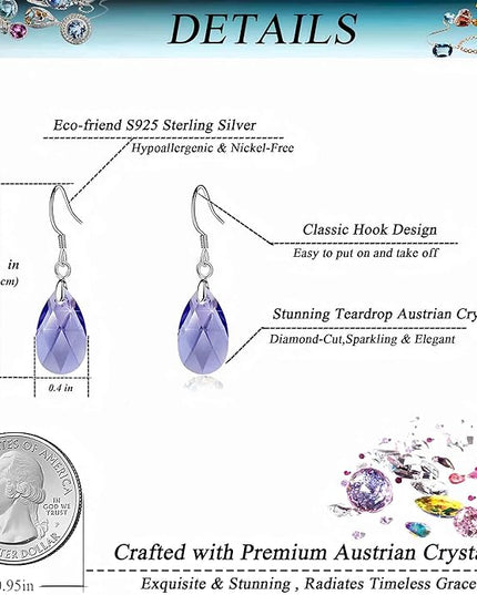 Teardrop Austrian Crystal Drop Dangle Earrings for Women 925 Sterling Silver Hook Hypoallergenic Jewelry