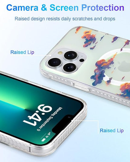 Cute Case for iPhone 13 Pro Max Case for Women Girls [ Compatible with Magsafe ] Aesthetic Cloud Pattern Design, Girly Glitter Sparkly Bling Protective Phone Cover, Iridescent Sun Set Sky